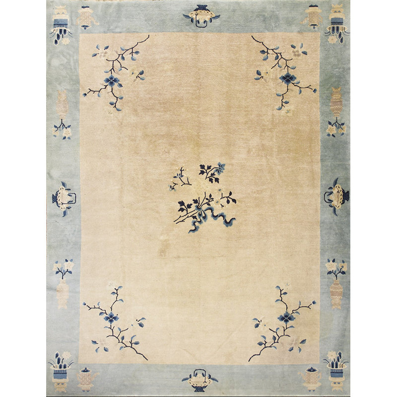 Ivory 1900s Chinese - Peking Knotted Rectangle Antique Wool Room Size Rug