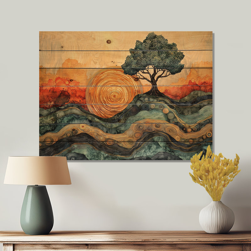 Baobab au lever du soleil avec racines d'Afrique III - Art mural en bois sur bois de pin naturel