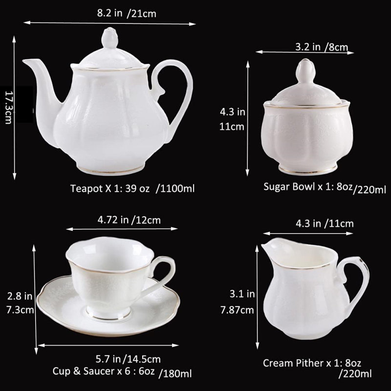 White Lotus Shape Porcelain Tea Set with Gold Trim