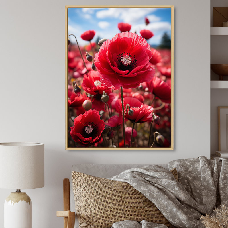 Windi Flower Field - rose cramoisi II - imprimé, H 40 po x l 30 po x P 1,5 po, Cadre naturel flottant