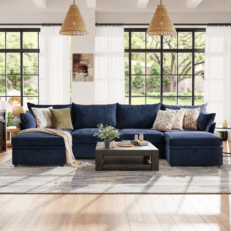 Merchelle 134.6'' Wide Reversible Modern Modular Sectional Sofa With Storage Ottoman -Premium Chenille Fabric-Yellow, Yellow