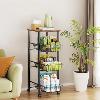 4-Tier Rolling Kitchen Organizer Cart With Slide-Out Baskets And Tabletop For Efficient Food Storage And Snack Organization (Modern, Space-Saving Design)