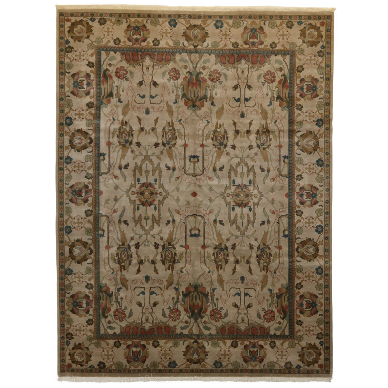 Tapis oriental en laine noué à la main beige / ivoire Woven Arts, Rectangle 12 pi 1 po x 14 pi 11 po