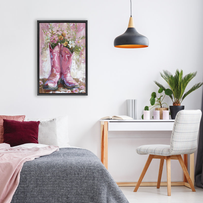 Cadre flottant avec bottes florales et cowboy rose, Design par Lsr Design Studio, Cadre flottant noir de jais