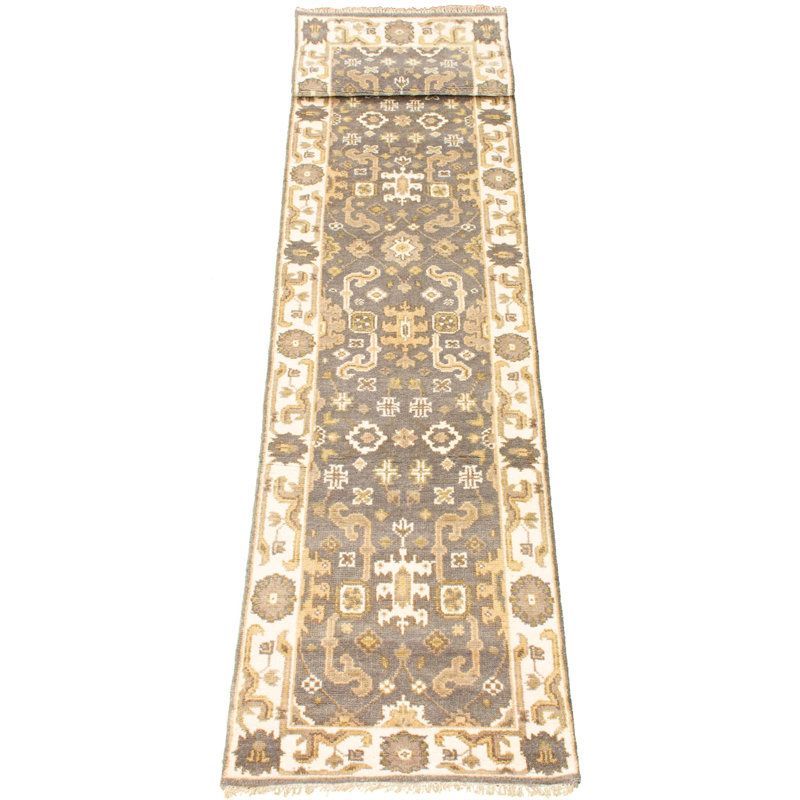 Tapis de couloir en laine noué à la main de conception unique 2 pi 6 po x 12 pi 4 po Dharminder Tapis décoratif en laine Ivoire/brun clair