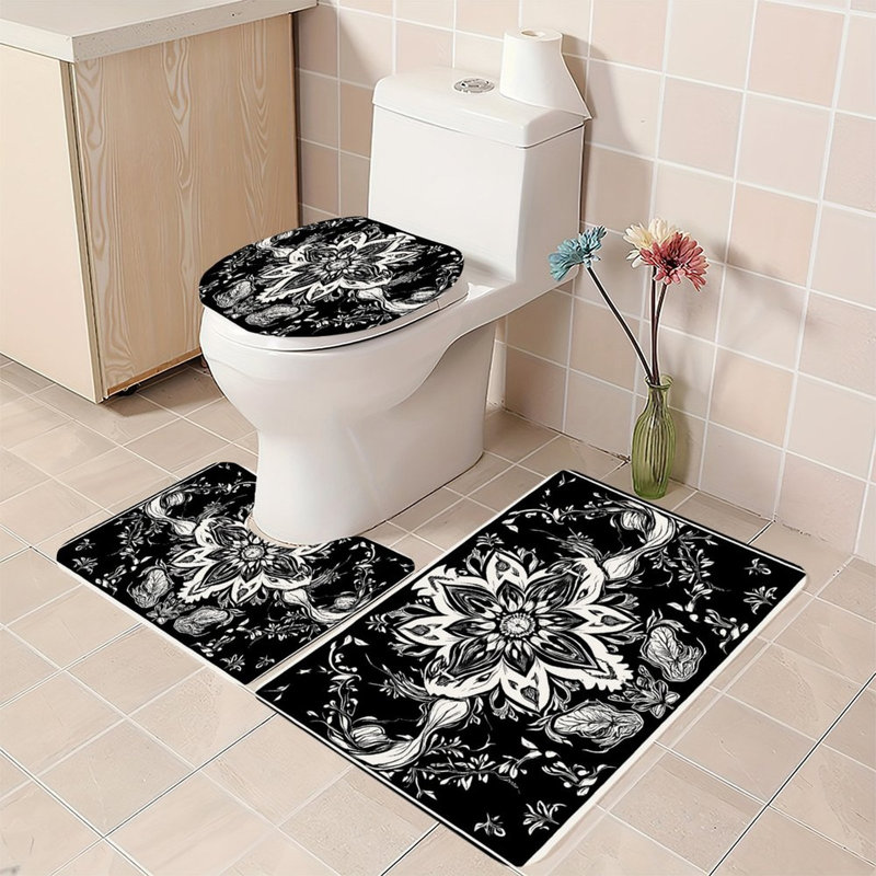 Ensemble de 3 tapis de salle de bain noir et blanc Mandala