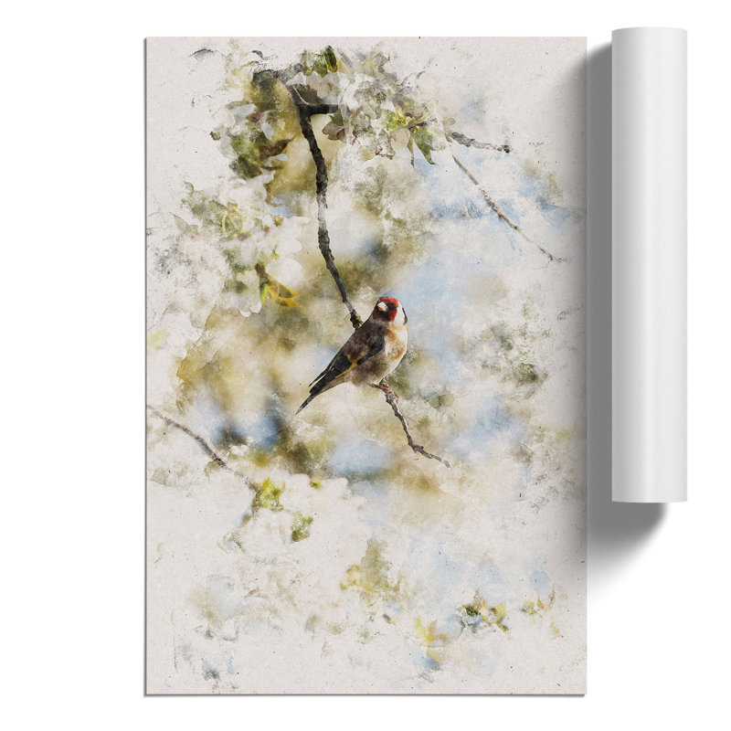 Goldfinch Bird in a Cherry Tree Watercolour - Unframed Graphic Art, 30cm H x 21cm W x 0.1cm D