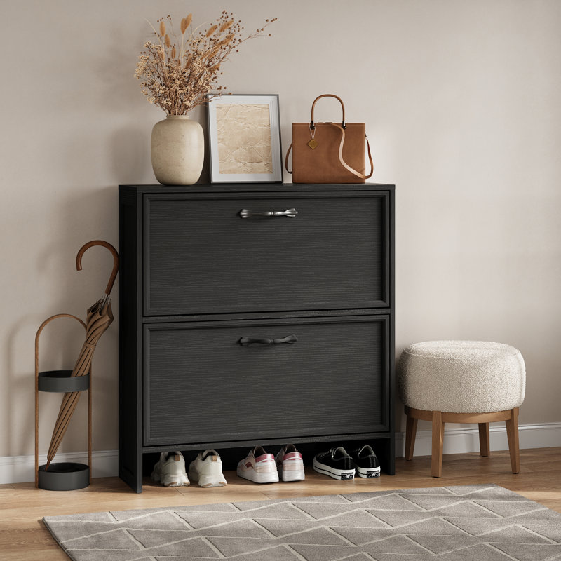 Shoe Cabinet with 2 Flip Drawers, Narrow Shoe Storage Cabinet with Adjustable Shelf, Hidden Shoes Rack with Anti-Tipping Kit, Freestanding Shoes Rack for Entryway Hallway,Black