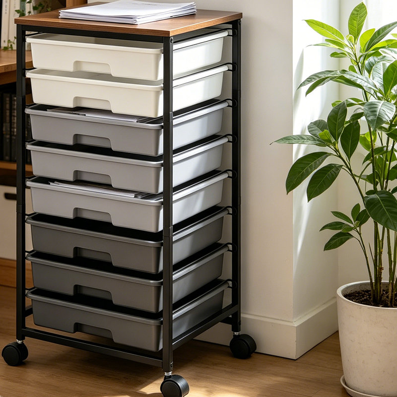 Chariot de rangement roulant avec tiroirs et plateau de table en bois, armoire de rangement de bureau, Gray/Black