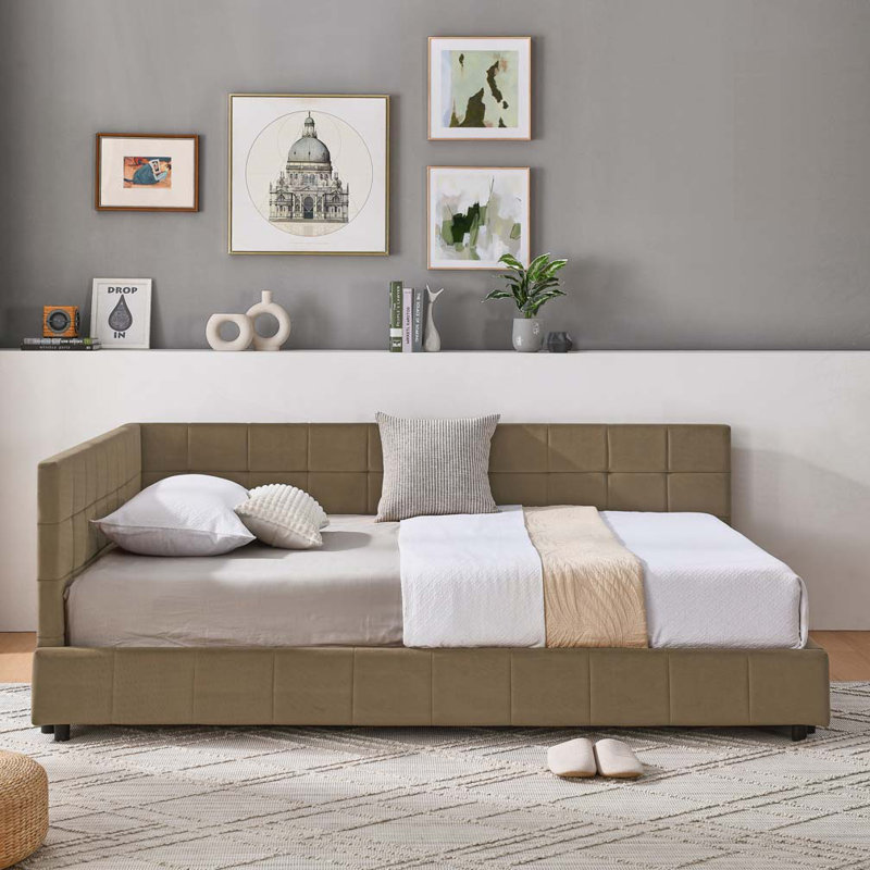 Velvet Daybed,Upholstered Tufted Bed Frame, Sofa Bed Frame with Comfortable Backrest and Armrests, Full, Brown