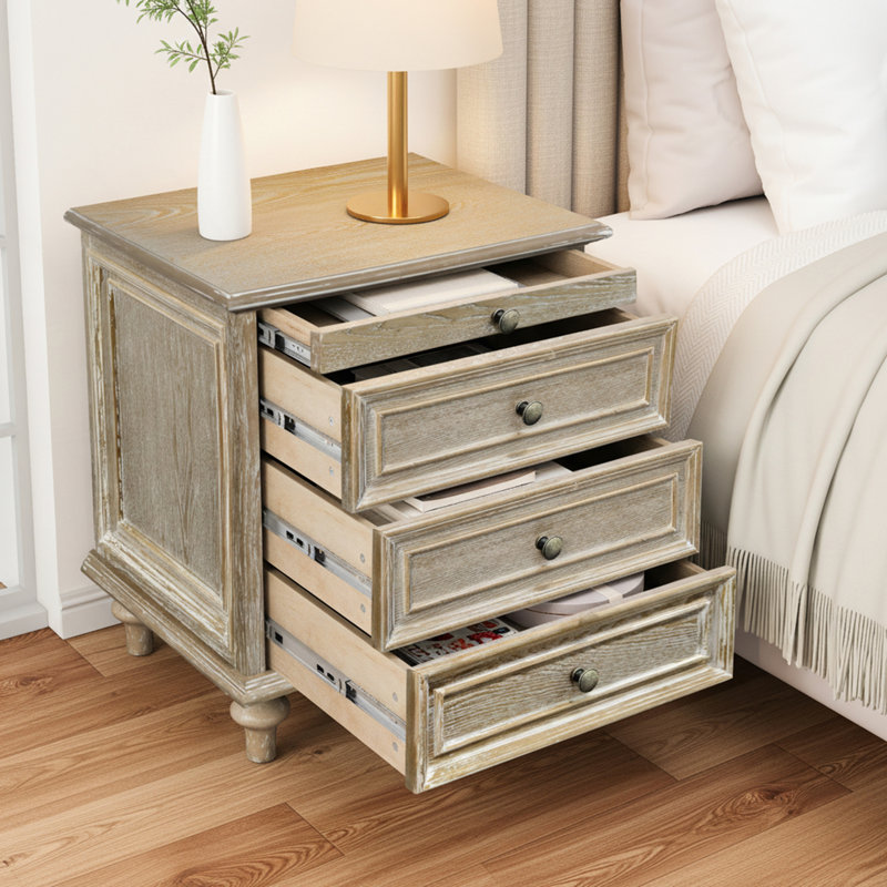 Farmhouse Nightstands Set of 2 with 4 Drawer, Wood Storage End Table with Hidden Pull-Out Shelf, Large Side Table with 4 Solid Wood Feet and Metal Handle, Easy Assembly, Natural/White