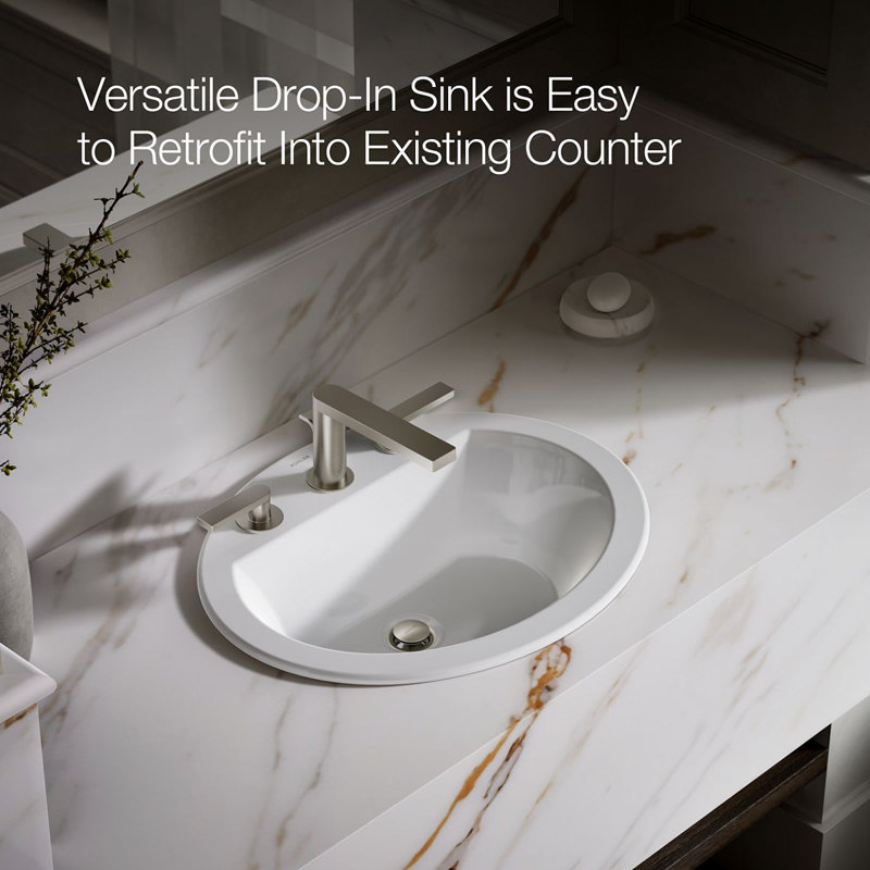 Bryant Ceramic Oval Drop-In Bathroom Sink with Overflow, White, 8" Centers