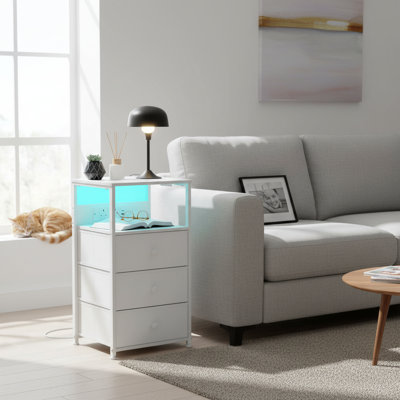 Night Stand Set 2, Led Nightstand With Charging Station, End Tables With Storage Shelf, Bed Side Table With 3 Fabric Drawers For Bedroom, Small Spaces