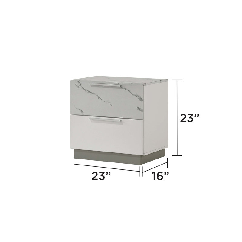 Table de chevet Mist - deux tons ultrabrillant avec deux tiroirs, intérieur doublé de velours et un design compact