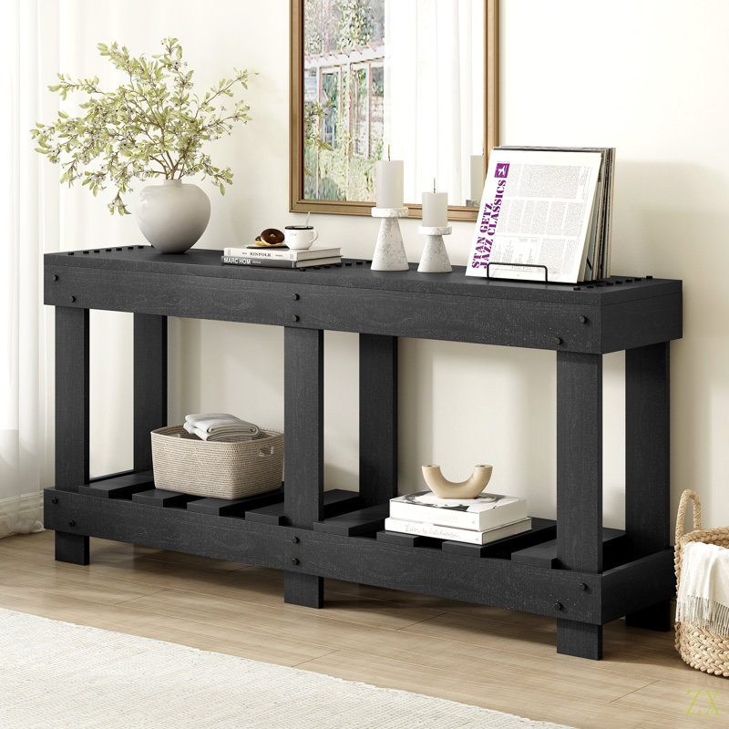 62.9" Vintage Entryway Table - Fir Solid Wood With  Grain, 6 Reinforced Legs & 4.5" Thick Desktop, Metal Rivet Decor & Plank Under-Shelf, Console Table For Hallway, Living Room
