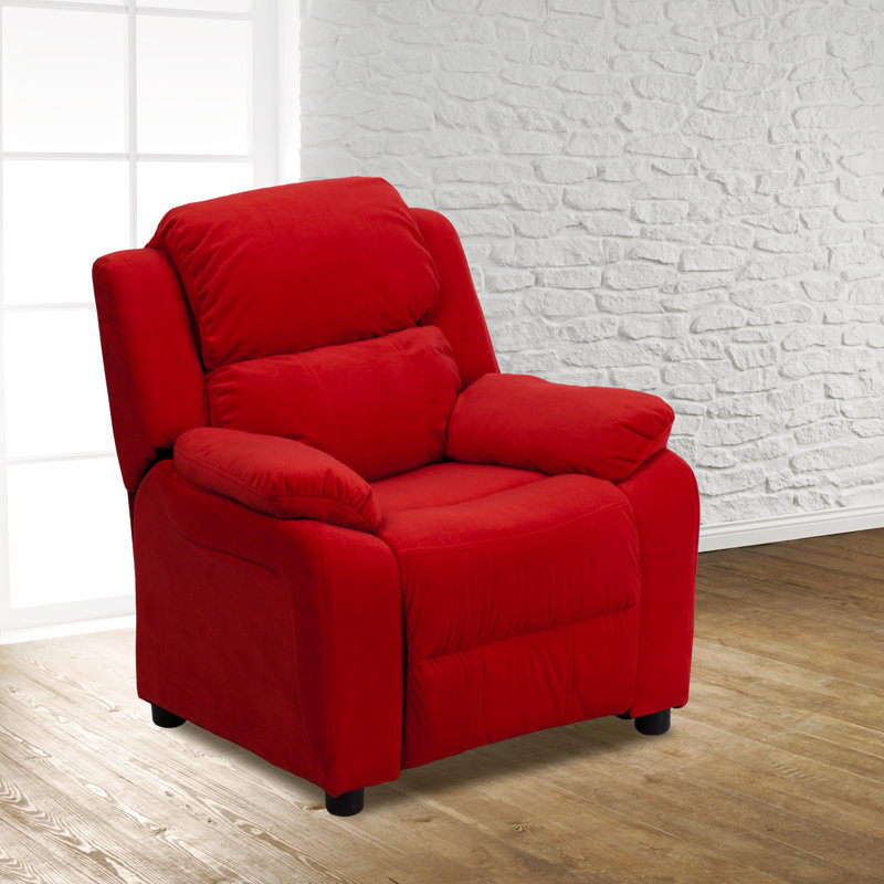 Deluxe Padded Contemporary Kids Recliner with Storage Arms, Microfiber - Red