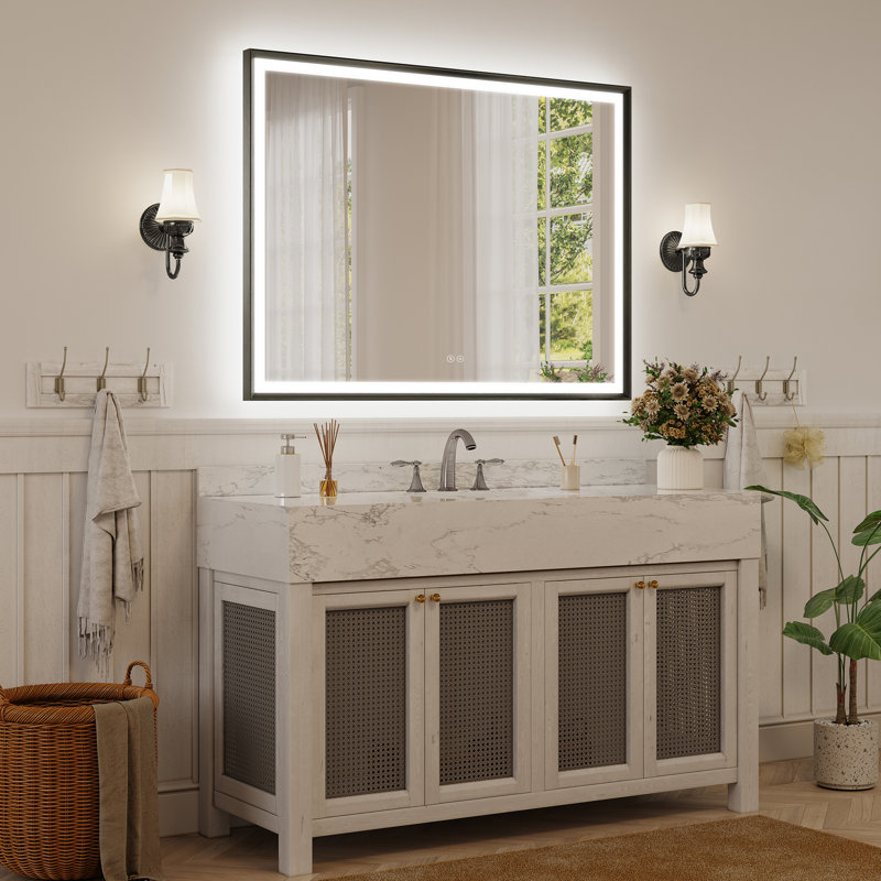 Miroir de salle de bain moderne à DEL avec verre trempé et miroir mural, 36 po x 48 po, Noir