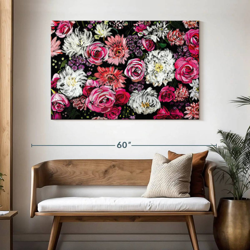Bouquet Harnek rose et mauve sur fond noir, H 32 po x l 48 po