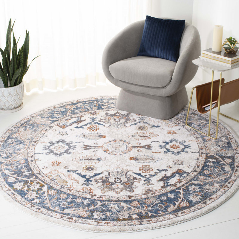 Gumm Oriental Blue/White/Brown Area Rug, Round 6'7"