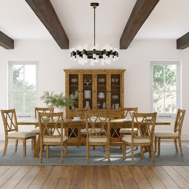Fahrettin Extendable Pine Solid Wood Solid Wood Top Trestle Dining Set, Gold, 11 Pieces: Table, 10 Chairs