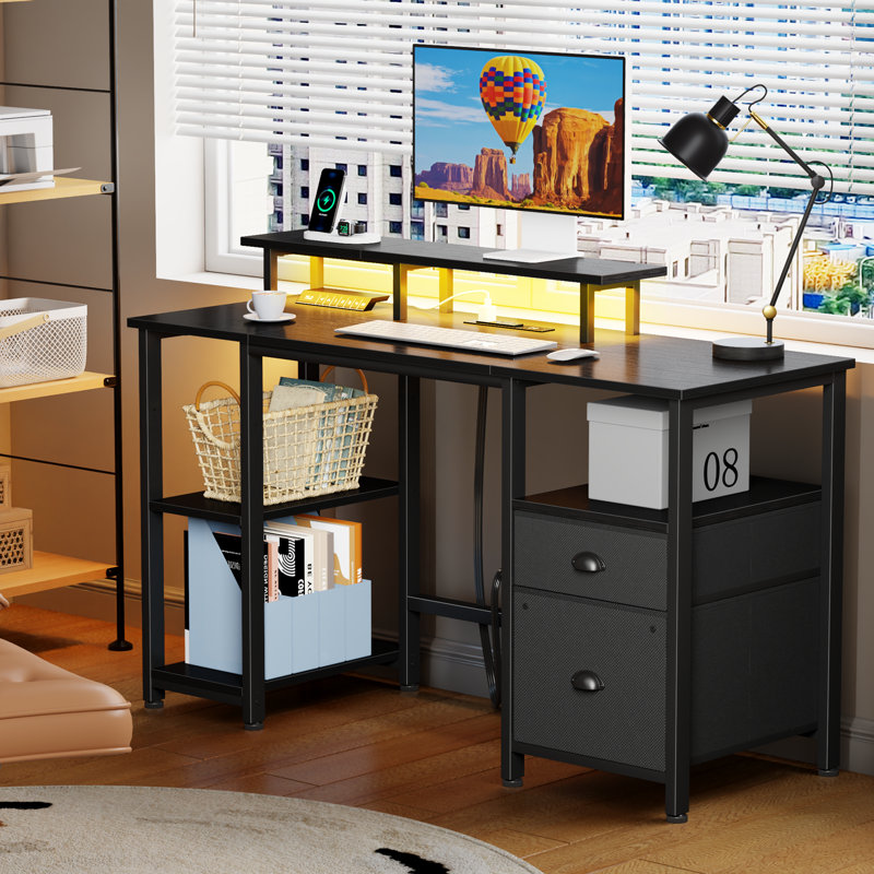 Computer Desk With Led Lights And Power Outlets, Gaming Desk With Monitor Stand,Home Office Writing Desk With Storage