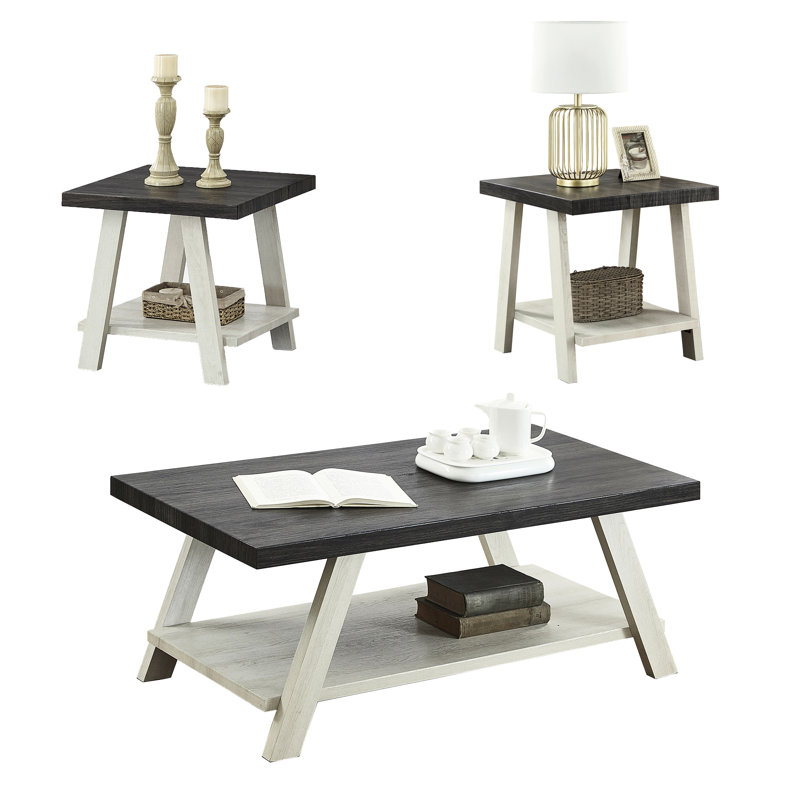 Table basse contemporaine en bois vieilli gris anthracite et beige patiné avec 3 tablettes, Blanc, Gris anthracite
