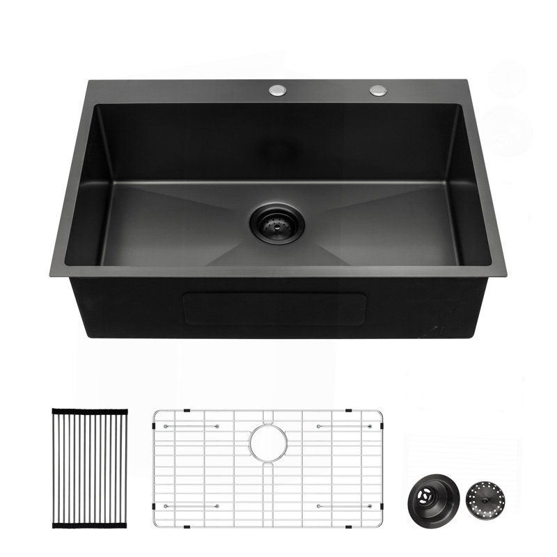 Black Drop Sink, 28X22 Inch Drop In Kitchen Sink Gunmetal Black Topmount 16 Gauge Deep Single Bowl Stainless Steel Sink Basin