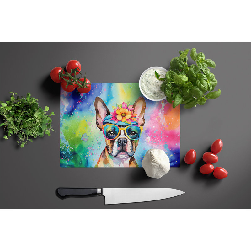 Boston Terrier Hippie Dawg Glass Cutting Board Large