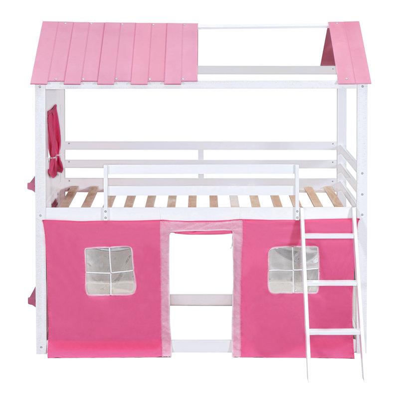 Lit superposé style maison basse avec toit, Plein , Blanc / rose