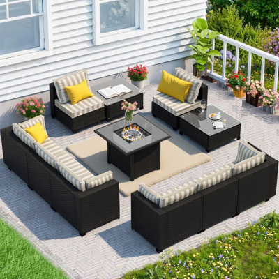 𝗣𝗿𝗲-𝗔𝘀𝘀𝗲𝗺𝗯𝗹𝗲𝗱 𝗖𝗵𝗮𝗶𝗿𝘀, 8-Person Patio Furniture Set Rattan Outdoor Sectional Conversation Sofa Seating Group With Propane Fire Pit Table