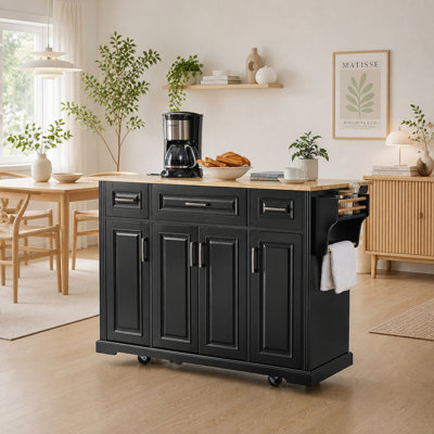 47.2" Kitchen Island with 3 Drawers, Drop Leaf and 4 Doors, Rubberwood Top, Side Rack, Towel Bar  Locking Casters