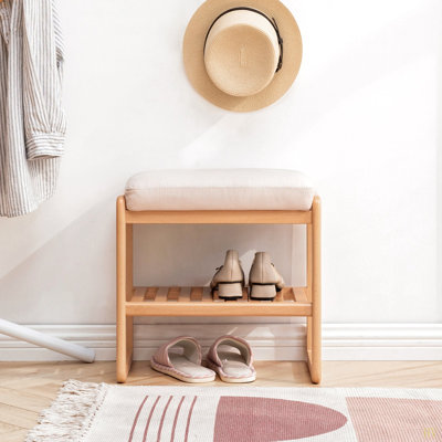 Banc à chaussures en bois massif naturel, organisateur de rangement en bois de hêtre avec coussin éponge à rebond élevé