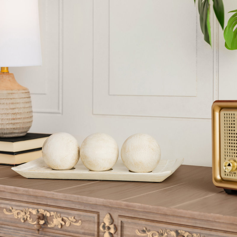 Rustic Luxe Off-White Plastic Decorative Tray and Orbs Set
