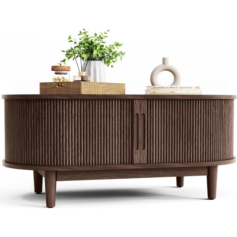 Table basse ovale en bois de noyer avec rangement pour porte de tambour coulissante cannelée, 39 po