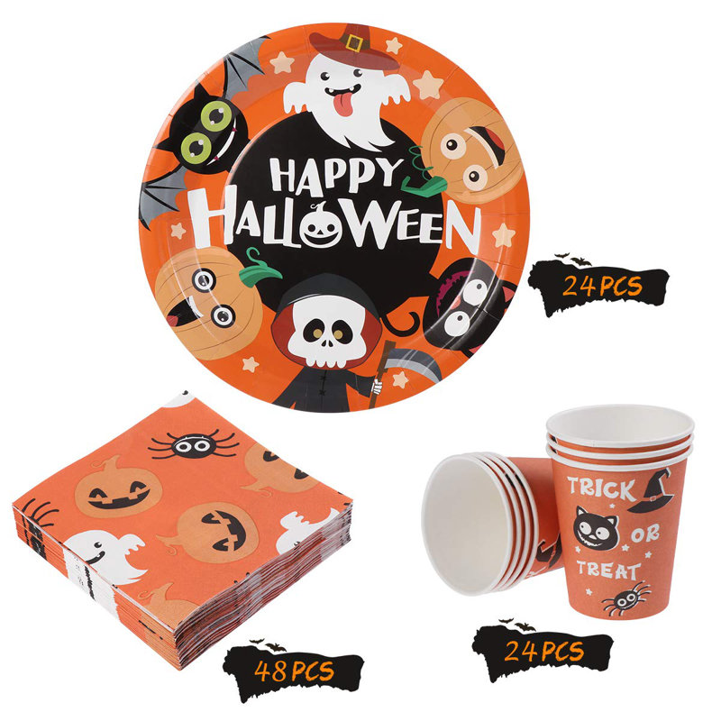 Halloween Party Disposable Tableware Set with Plates, Cups, and Napkins