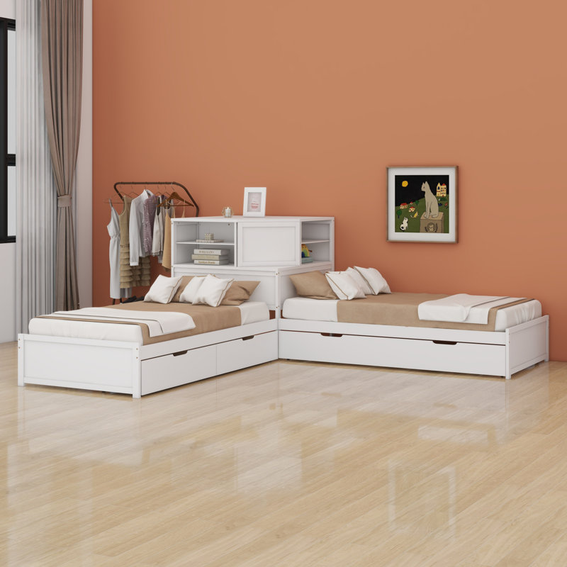 L-Shaped Combination Bed With Trundle And Drawer,3-In-1 Low Corner Platform Bed Linked, White
