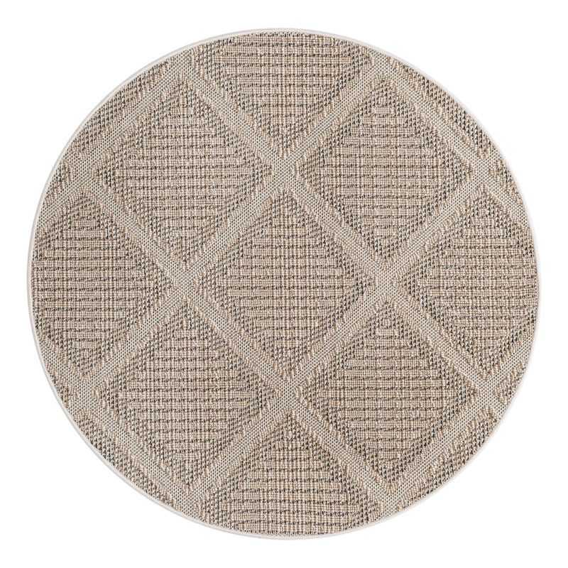 Tapis en polypropylène tissé à la machine à motif géométrique de couleur kaki, Rond 5 pi 3 po