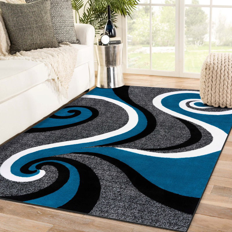 Tapis turquoise à motif abstrait Anghelina, Rectangle 6 pi 6 po x 9 pi 2 po