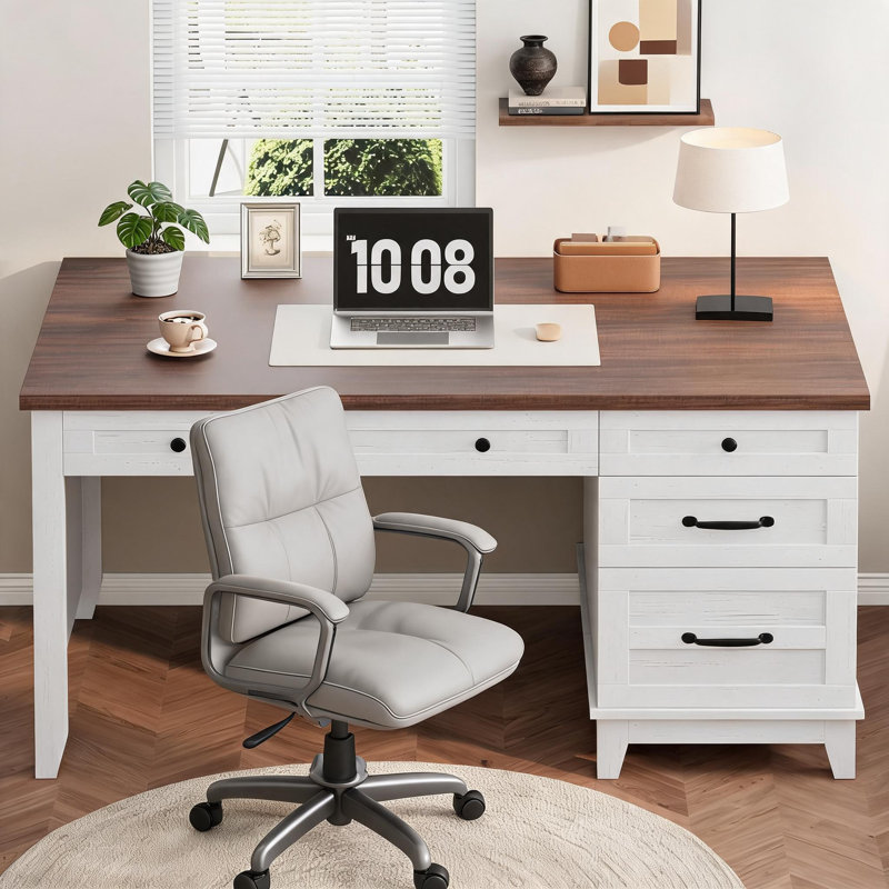 Executive Desk with Drawers, Farmhouse Home Office Desk with Charging Station, 53.54" Wooden Computer Desk with File Cabinet Storage for Work Study Writing