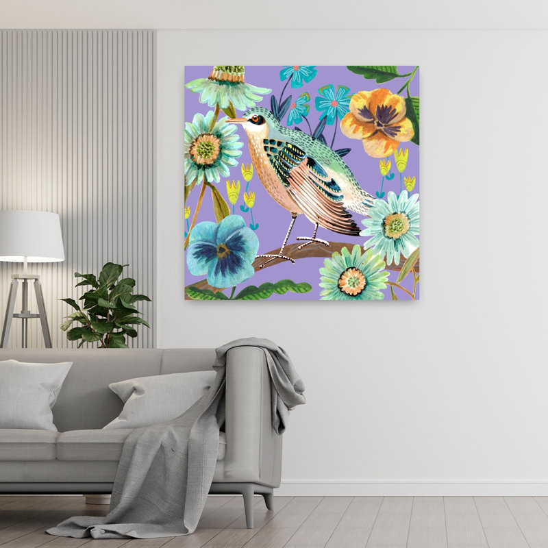 Bird And Flowers Colorful Bird Violet Flower Nature Wall Art Print, 121.92cm H x 121.92cm W