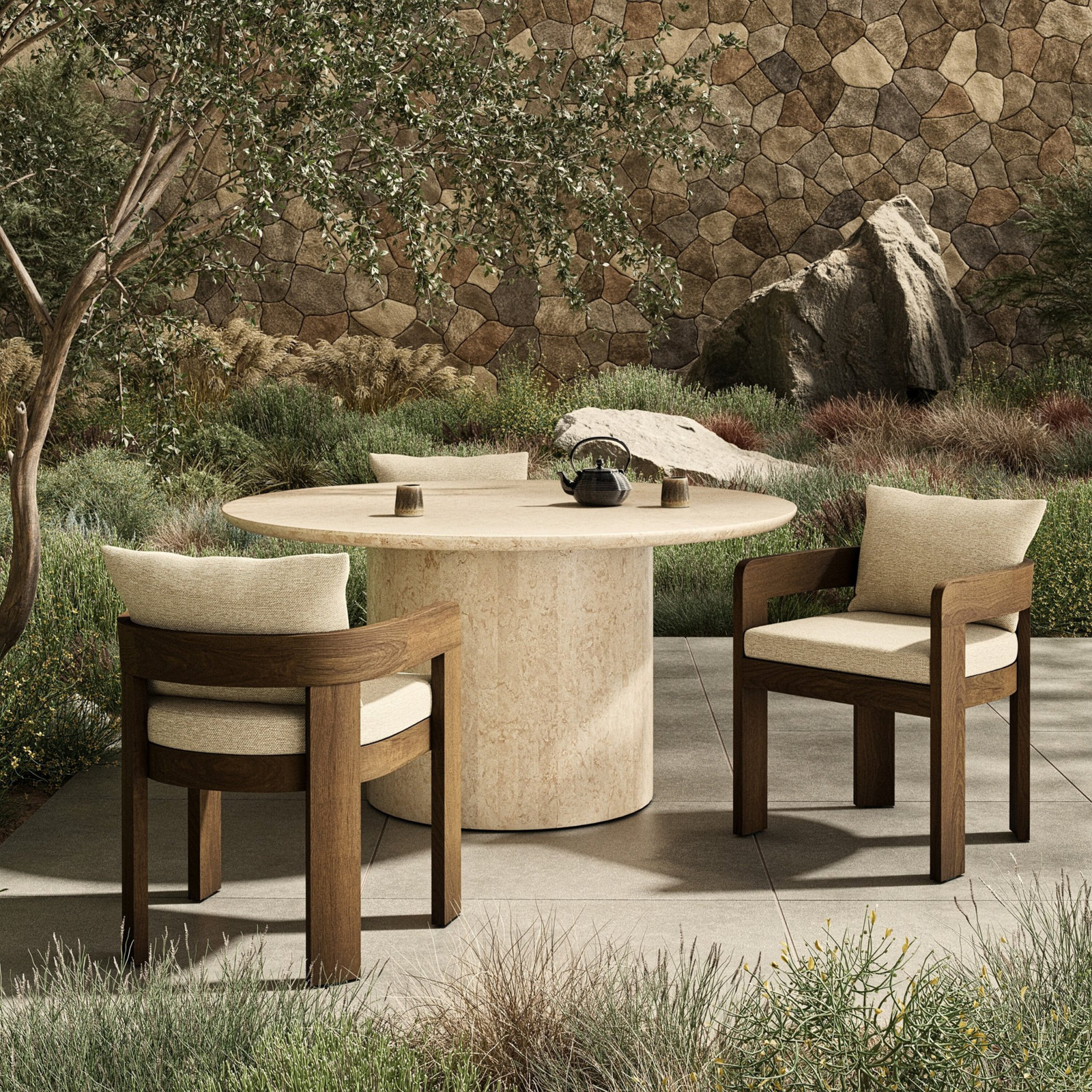 Fika Teak Patio Dining Armchair with Cushion, Stained Toasted Brown Frame/Ellor Beige Cushion