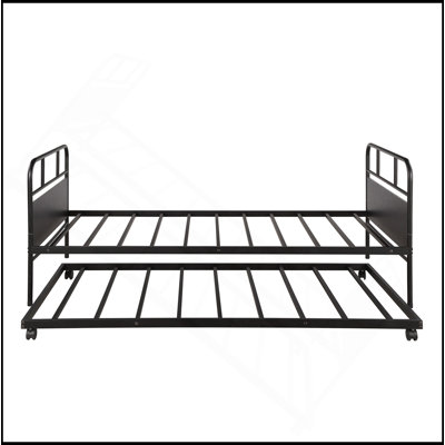 Metal Daybed Platform Bed Frame With Trundle Built-In Casters