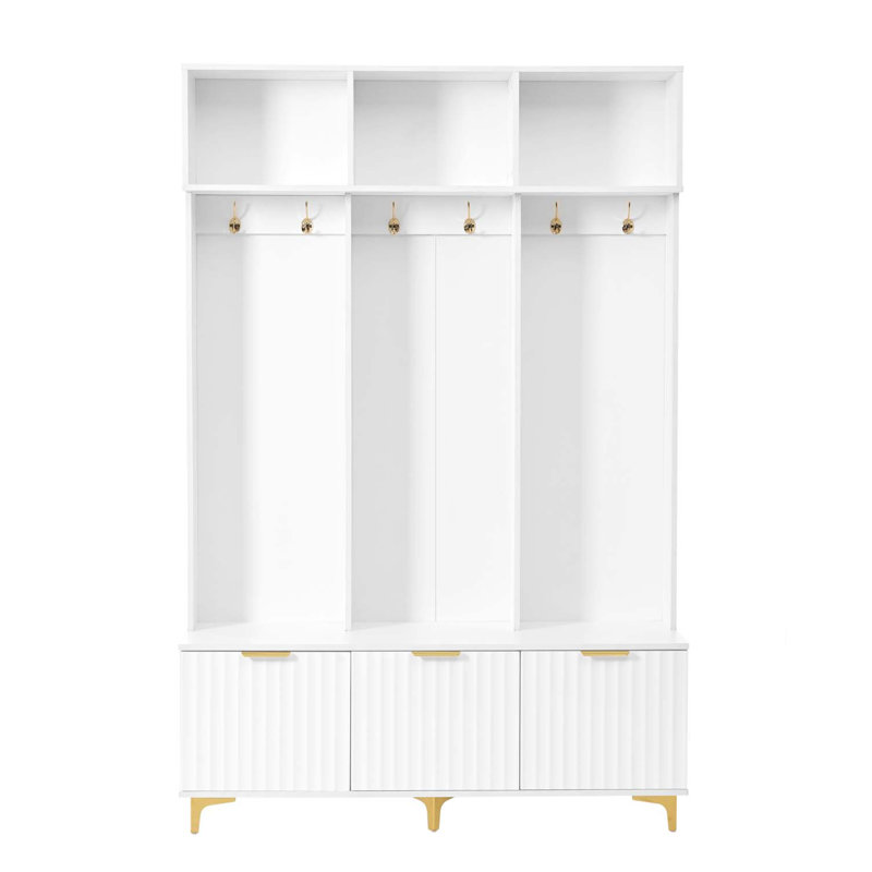 Grand portemanteau moderne avec banc, banc de rangement multifonctionnel avec portes cannelées ultrabrillantes, portemanteau luxueux avec 6 crochets et pieds dorés pour le vestibule et le salon