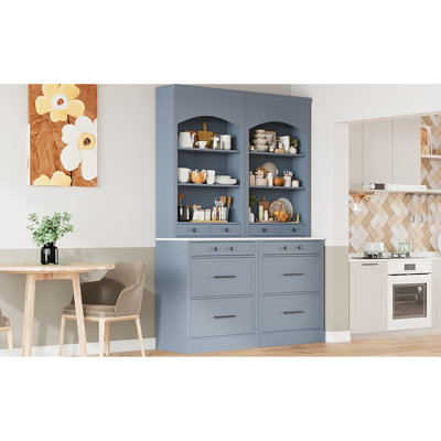 83.7Inch High Kitchen Storage Cupboard, Gray, Faux Marble Top, 5 Drawers And Adjustable Shelf For Practical Organization 2 Freestanding Pantry, Functional