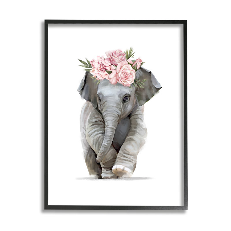 «Precious Rose Crown Baby Elephant Chic Florals» par Ziwei Li - impression, Giclée encadrée noir minuit, H 14 po x l 11 po