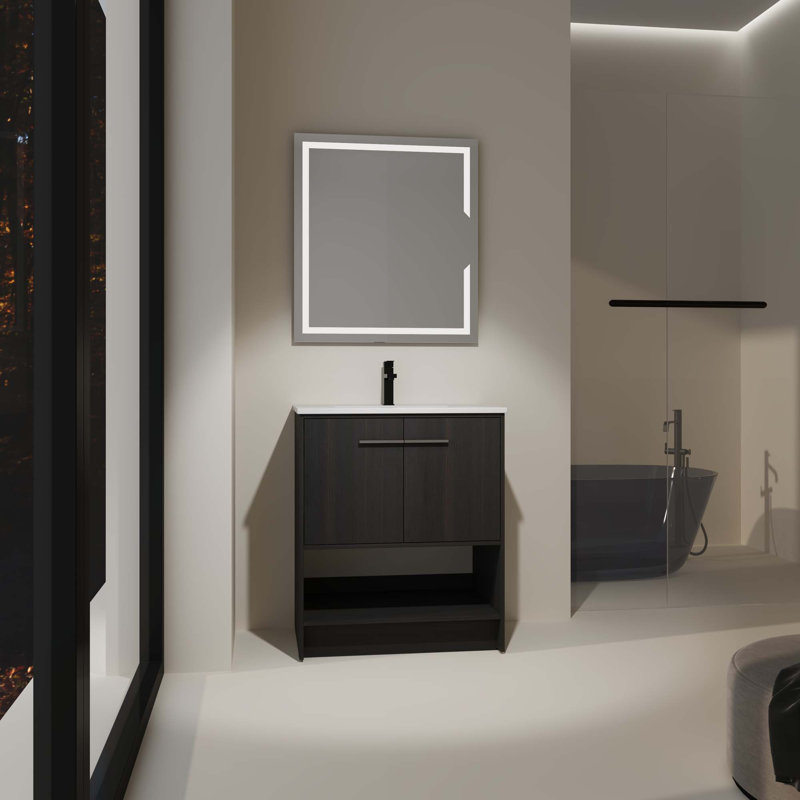 Bathroom Vanity With Ceramic Sink, Dark Oak, Silver