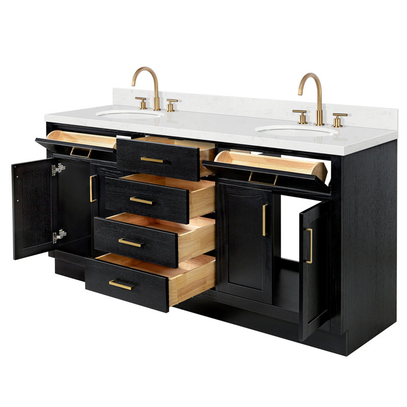 Meuble-lavabo double en bois massif 72 po avec plateau en quartz Carrara de 1,5 po Thornaby, Ovale, Chêne noir