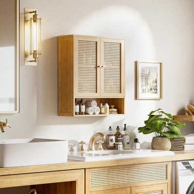 Rattan Bathroom Wall Cabinet, Bamboo Medicine Cabinet With Adjustable Shelf, Over-The-Toilet Hanging Storage, Natural