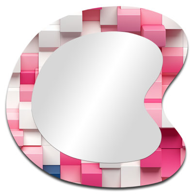 Friedhold Pink And White Blockchain Blocks - Geometric Asymmetrical Decorative Wall Mirror, Modern Unique Shape Mirror, Printed Metal Art