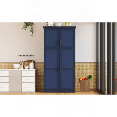 Armoire de cuisine autoportante 35,5 x 17,6 x 70,9 pouces, armoire de rangement haute avec 4 portes, 2 tablettes de porte, 8 plateaux coulissants et tablette réglable pour la salle à manger, bleu